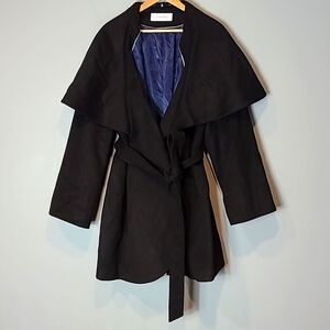 Tahari Cape Overlay Wool Blend Coat Black Size 3X Office Casual Dressy